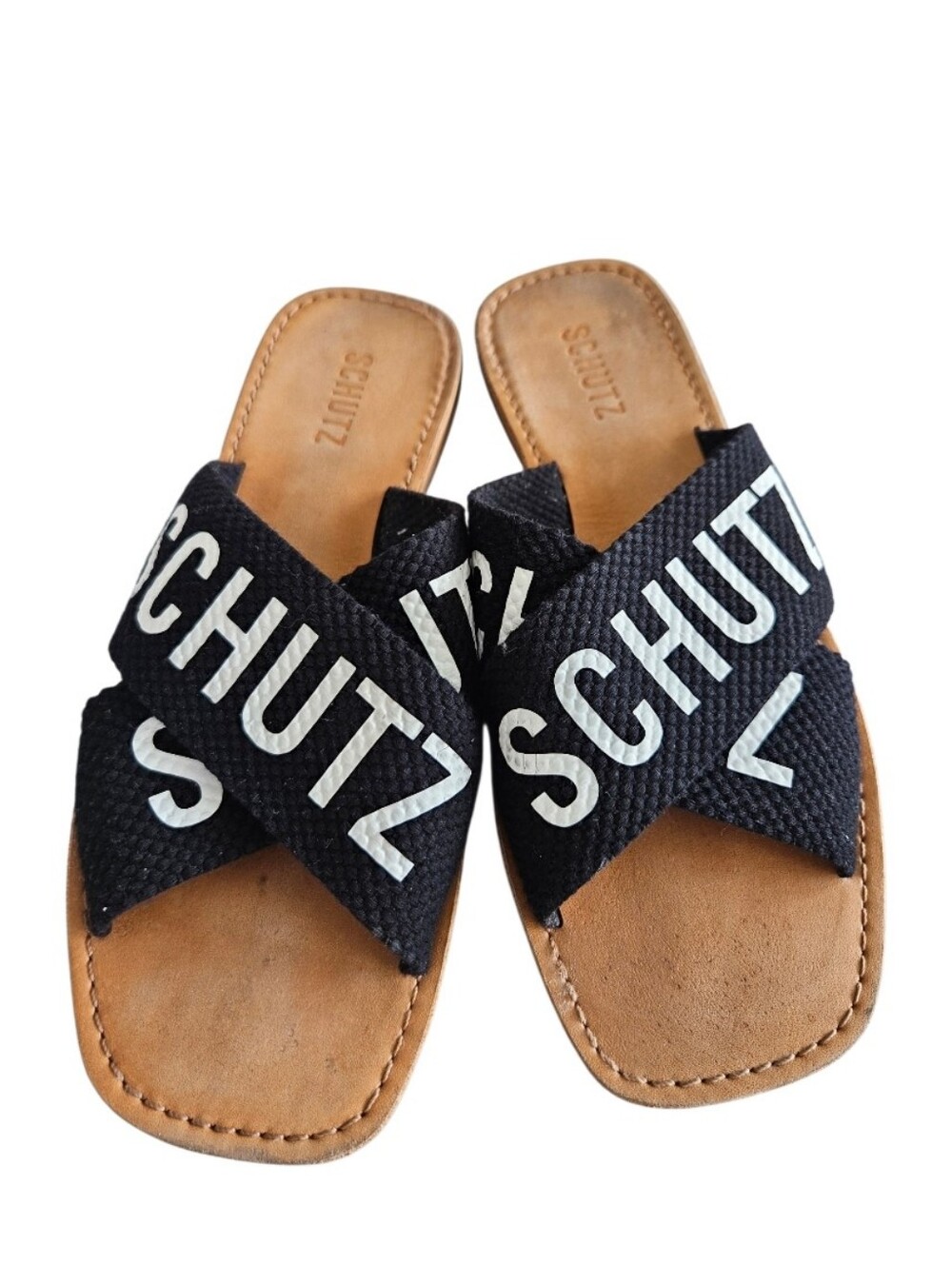 SCHUTZ Black and White Crossband Logo Slide Sandals - Picture 4 of 6
